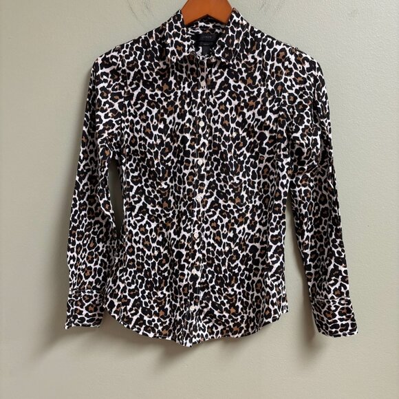 J Crew Womens Linen Cotton Leopard Print Slim Perfect Shirt Size XS Button - Picture 1 of 12